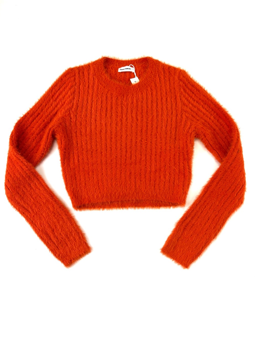 NWT Tally Weijl Orange Rust Fuzzy Cropped Crew Neck Sweater Size Medium